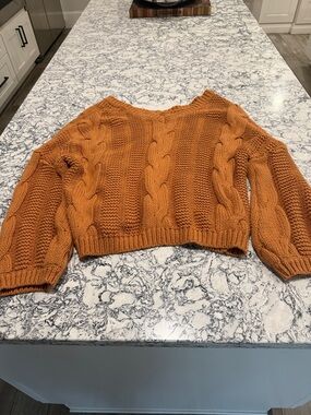Crochet Cable Knit Cropped Sweater - Rust Orange